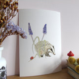 Badger and Grape Hyacinth A5 Giclée Fine Art Print