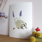 Badger and Grape Hyacinth A5 Giclée Fine Art Print