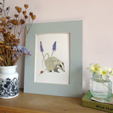 Badger and Grape Hyacinth A5 Giclée Fine Art Print