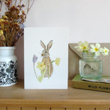 March hare and primroses Easter greetings card