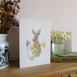 March hare and primroses Easter greetings card