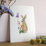 Brown hare and bell heather A5 Giclée Fine Art Print