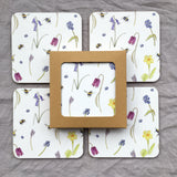 Set of Four Spring Flower and Bee Melamine Coasters