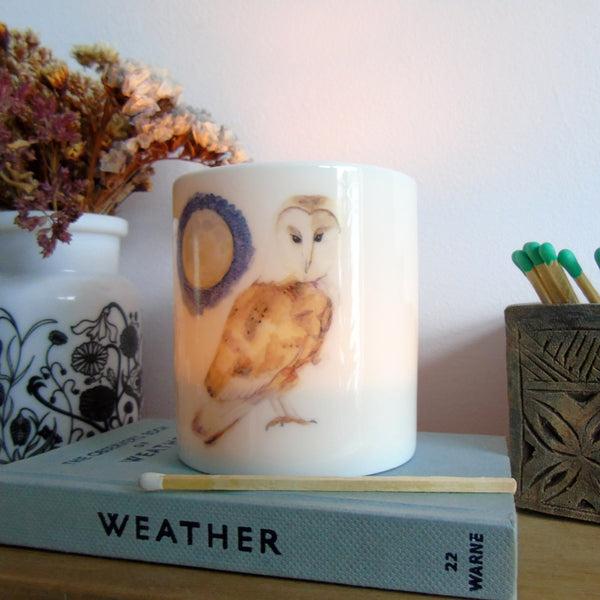 Barn Owl and Moon bone china candle holder