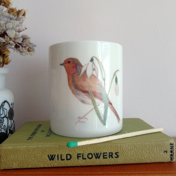bone china candle holder with robin and snowdrop watercolour illustration 