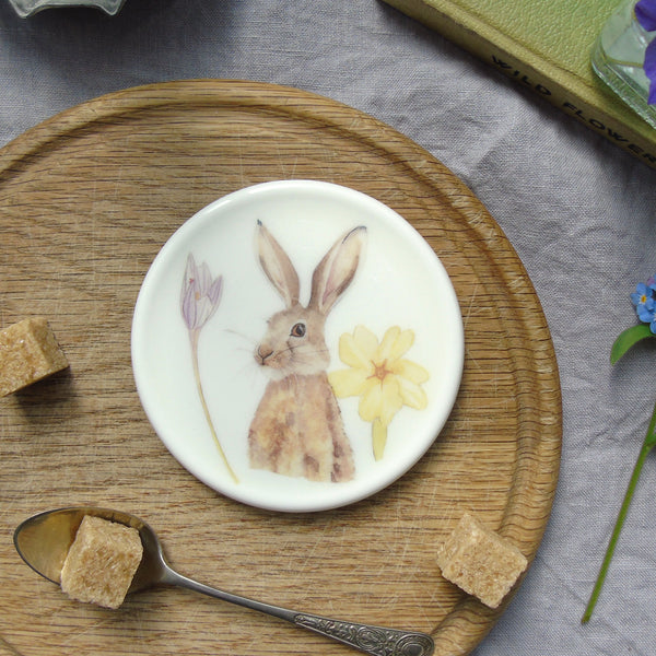 Brown hare and crocus coaster
