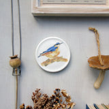 A fine bone china decorative mini wall plate featuring a watercolor painting of a nuthatch bird, displayed on a white wall with decorative elements and a small adhesive plate hanger.