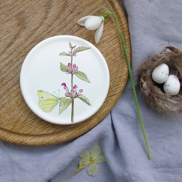 Red dead-nettle and butterfly bone china coaster