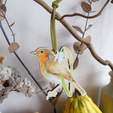 Robin and Snowdrop Wooden Hanging Decoration
