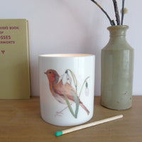 Robin and snowdrop bone china candle holder