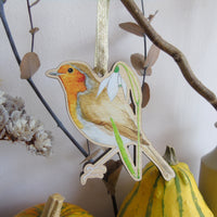 Robin and Snowdrop Wooden Hanging Decoration