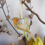 Decorative hanging ornament of a robin with a snowdrop on a branch.