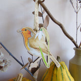 Robin and Snowdrop Wooden Hanging Decoration