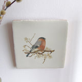 square crackle glaze handmade tile with vintage inspired bird illustration