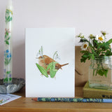wren and snowdrops watercolour illustration on premium quality greetings card