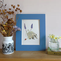 Badger and Grape Hyacinth A5 Giclée Fine Art Print