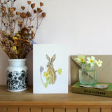 March hare and primroses Easter greetings card