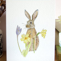 March hare and primroses Easter greetings card