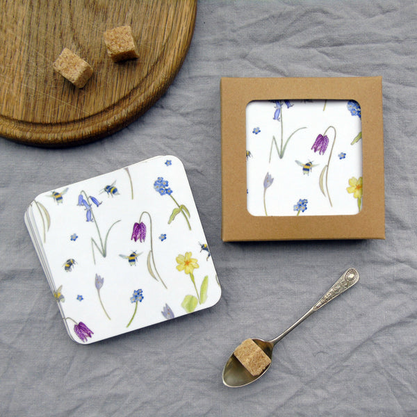 Set of Four Spring Flower and Bee Melamine Coasters