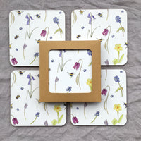 Set of Four Spring Flower and Bee Melamine Coasters