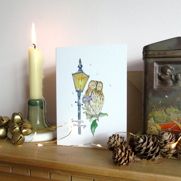 Tawny owl and Lamp Post Christmas Card